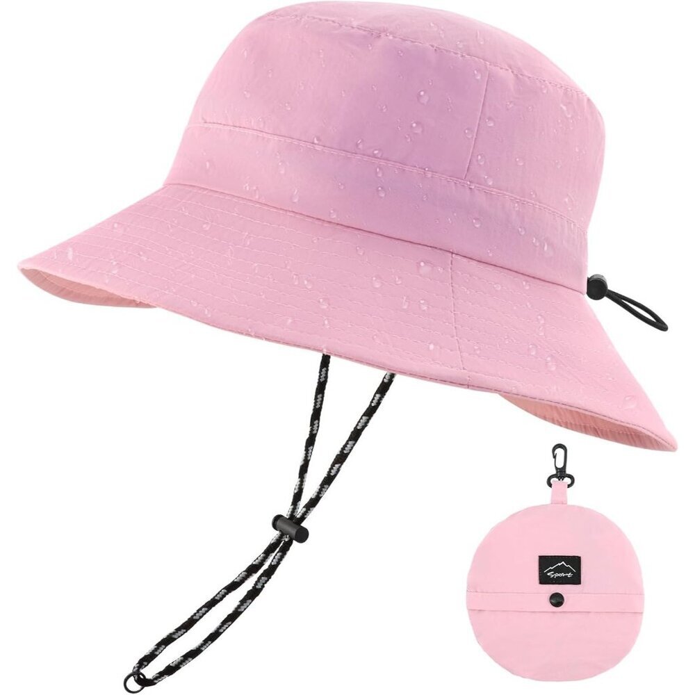 Unisex Pink 100%Nylon Waterproof Wide Brim Mesh Vent Chin Strap Bucket Hat